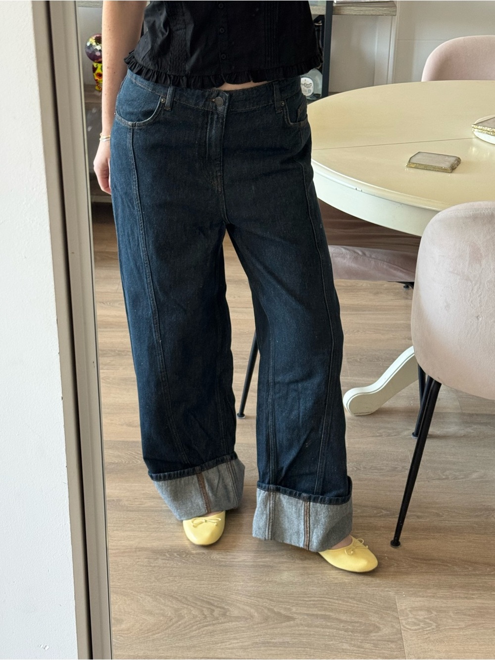 Zara Dark Denim Wide-Leg Jeans with Folded Hem